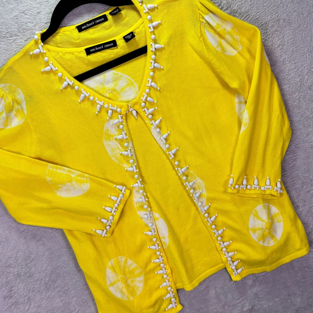 Michael Simon Women's Cardigan Tank Set PS Yellow Beaded Sunburst 2 Piece Resort